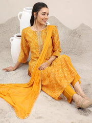 YELLOW COLOURED WOMEN'S VISCOSE RAYON KURTA WITH DUPATTA SET