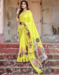 Yellow Tussar Silk Printed Kalamkari Saree