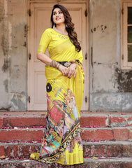 Yellow Tussar Silk Printed Kalamkari Saree