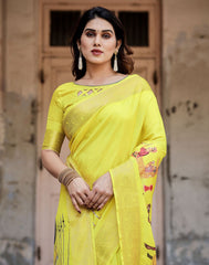 Yellow Tussar Silk Printed Kalamkari Saree