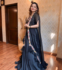 Black draped skirt with embroidered crop top & cape