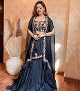 Black draped skirt with embroidered crop top & cape