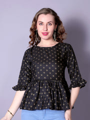 Black Floral Printed Bell-Sleeve Tunic for Women – Elegant Cotton 3/4 Sleeve Top | Casual & Office Wear Malaysia 2025