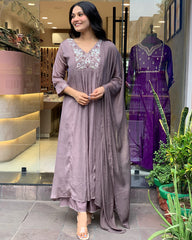 GREY COLOURED WOMEN'S VISCOSE CHINNON EMBROIDERED KURTA WITH PANT DUPATTA SET
