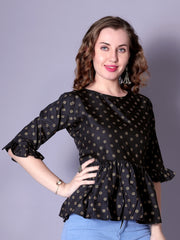 Black Floral Printed Bell-Sleeve Tunic for Women – Elegant Cotton 3/4 Sleeve Top | Casual & Office Wear Malaysia 2025