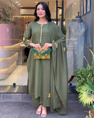 GREEN COLOURED WOMEN'S CHANDERI SILK KURTA WITH DUPATTA SET