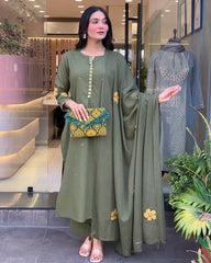 GREEN COLOURED WOMEN'S CHANDERI SILK KURTA WITH DUPATTA SET