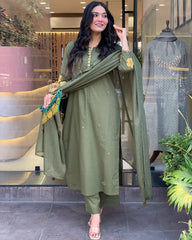 GREEN COLOURED WOMEN'S CHANDERI SILK KURTA WITH DUPATTA SET