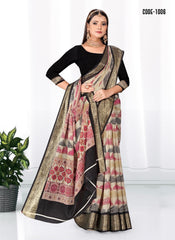 Geometric Print Zari border Soft cotton saree with blouse for women