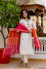 WHITE COLOURED WOMEN'S VISCOSE RAYON KURTA WITH DUPATTA SET