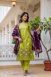 Mint Green Pure Silk Kurta Set for Women | Embroidered & Hand Printed Stitched Suit with Jacquard Dupatta | Elegant Ethnic Wear Malaysia | Ready to Wear