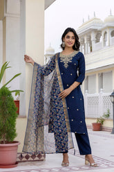 BLUE COLOURED WOMEN'S VISCOSE RAYON KURTA WITH DUPATTA SET