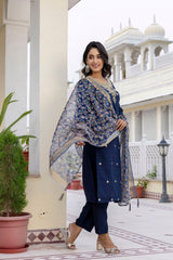 BLUE COLOURED WOMEN'S VISCOSE RAYON KURTA WITH DUPATTA SET
