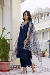 BLUE COLOURED WOMEN'S VISCOSE RAYON KURTA WITH DUPATTA SET