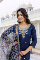 BLUE COLOURED WOMEN'S VISCOSE RAYON KURTA WITH DUPATTA SET
