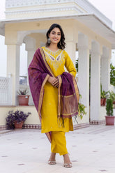 YELLOW COLOURED WOMEN'S VISCOSE RAYON KURTA WITH DUPATTA SET