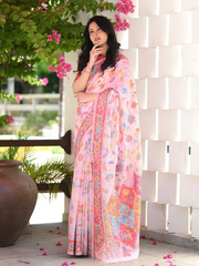 Kashmiri Weaving Multiple color thread weaving pure zari weaving Pink coloured saree