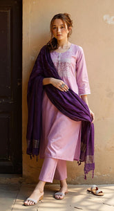 LAVENDER COLOURED WOMEN'S POLYSETER KURTA WITH DUPATTA SET
