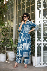 Maryam Teal Blue Cotton Kurta with Bottom | Digital Printed | Casual & Office Wear – Malaysia