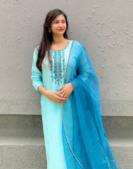 SKYBLUE COLOURED WOMEN'S VISCOSE RAYON KURTA WITH DUPATTA SET