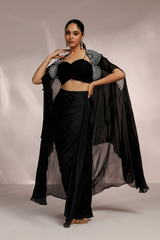 Black Dhoti Skirt with Blouse & Embroidered Cape Set