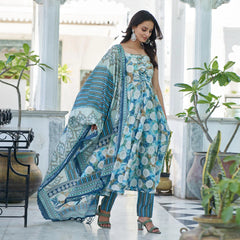Premium Blue Printed Anarkali Style Chanderi Suit