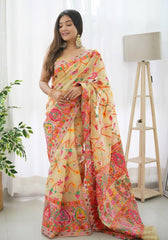 KASHMIRI WEAVING MULTIPLE COLOR THREAD WEAVING PURE ZARI WEAVING LIGHT YELLOW
