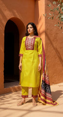 YELLOW COLOURED WOMEN'S VISCOSE RAYON KURTA WITH DUPATTA SET