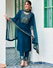 BLUE COLOURED WOMEN'S VISCOSE RAYON KURTA WITH DUPATTA SET