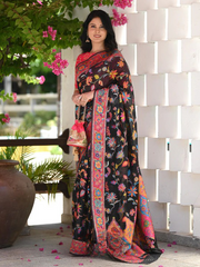 Kashmiri Weaving Multiple color thread weaving pure zari weaving black saree