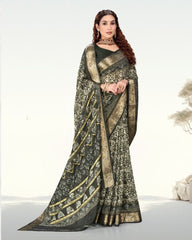 Botanical Print Jacquard border Cotton saree with blouse for women
