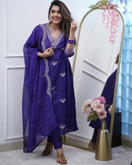 PURPLE COLOURED WOMEN'S PV CHANDERI KURTA WITH PANT DUPATTA SET