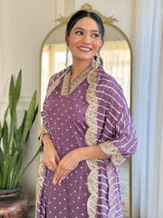 PURPLE COLOURED WOMEN'S REYON EMBROIDERED KURTA WITH PANT DUPATTA SET