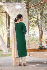SK-21 Green Cotton Blend Kurta Set with Bottom & Chandery Dupatta | Embroidered 3-Piece Ethnic Wear – Malaysia