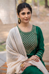 SK-21 Green Cotton Blend Kurta Set with Bottom & Chandery Dupatta | Embroidered 3-Piece Ethnic Wear – Malaysia