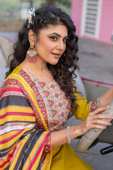 SK-13 Mustard Cotton Blend Kurta Set with Bottom & Polyester Dupatta | Embroidered 3-Piece Ethnic Wear – Malaysia