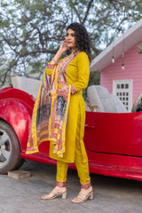 SK-13 Mustard Cotton Blend Kurta Set with Bottom & Polyester Dupatta | Embroidered 3-Piece Ethnic Wear – Malaysia