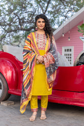 SK-13 Mustard Cotton Blend Kurta Set with Bottom & Polyester Dupatta | Embroidered 3-Piece Ethnic Wear – Malaysia