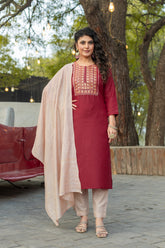 SK-19 Red Cotton Blend Kurta Set with Bottom & Chandery Dupatta | Embroidered 3-Piece Ethnic Wear – Malaysia
