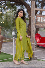 SK-882 Mint Green Cotton Blend Kurta Set with Bottom & Chanderi Dupatta | Embroidered 3-Piece Ethnic Wear – Malaysia