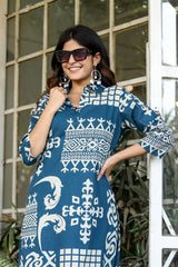 Maryam Teal Blue Cotton Kurta with Bottom | Digital Printed | Casual & Office Wear – Malaysia