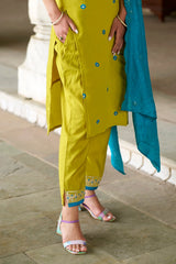 LEMON COLOURED WOMEN'S CHANDERI KURTA WITH DUPATTA SET
