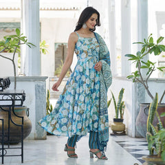 Premium Blue Printed Anarkali Style Chanderi Suit