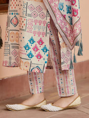WHITE COLOURED WOMEN'S COTTON EMBROIDERED KURTA WITH PANT DUPATTA SET