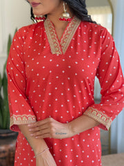 ORANGE COLOURED WOMEN'S REYON EMBROIDERED KURTA WITH PANT DUPATTA SET