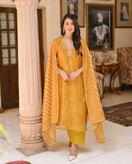 MUSTARD COLOURED WOMEN'S PRINTED EMBROIDERED KURTA WITH PANT DUPATTA SET