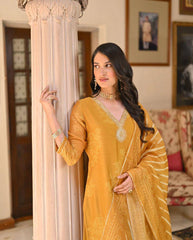 MUSTARD COLOURED WOMEN'S PRINTED EMBROIDERED KURTA WITH PANT DUPATTA SET