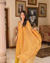 MUSTARD COLOURED WOMEN'S PRINTED EMBROIDERED KURTA WITH PANT DUPATTA SET