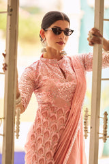 PINK READY TO WEAR SAREE WITH FULLY EMBROIDERED BLOUSE