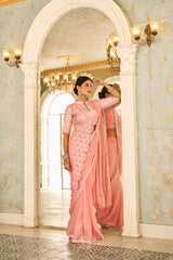 PINK READY TO WEAR SAREE WITH FULLY EMBROIDERED BLOUSE
